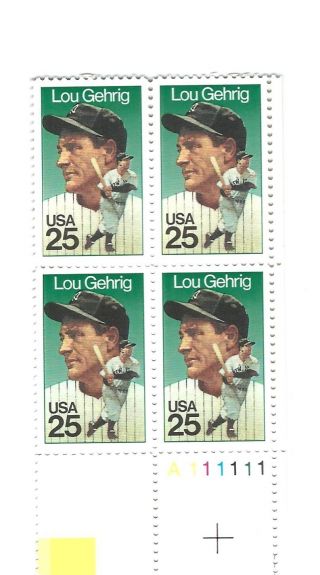 Lou Gehrig Us Plate Block 25 Cent 1 11111 Never Hinged photo
