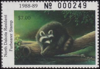 1988 North Dakota Resident Furbearer Stamp Nh - Low Serial Number photo