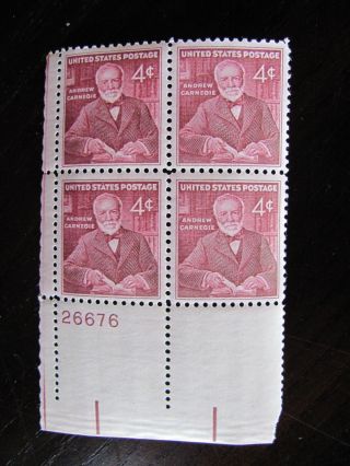 U.  S.  Stamp Plate Block Scott 1171 4 Cent Andrew Carnegie 1960 photo