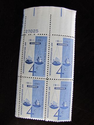 U.  S.  Stamp Plate Block Scott 1186 4 Cent Workman ' S Compensation 1961 photo