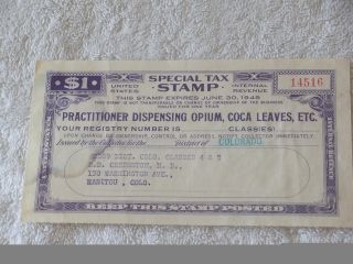 U.  S.  1948 Special Tax Stamp Opium,  Coca Leaves Etc.  Manitou,  Colorado photo