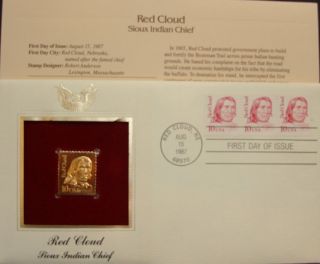 22k Gold 1987 Red Cloud Sioux Indian Chief Replica Stamp Gold Proof 1st Daycover photo