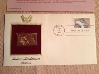 1990 Indian Headdress Shoshone 22kt Gold Cover First Day Issue Stamp photo