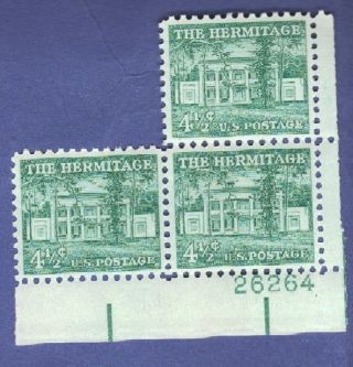 4 ½ Cent Hermitage Plate Block With 1 Missing,  Scott 1037 Nh photo