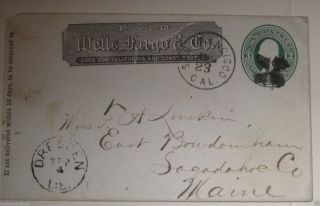 Wells Fargo & Co,  3 Cents Paid Postal Envelope S.  F.  Calif - Maine Pm photo