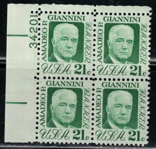 1400 1973 21 - Cent Amadeo P.  Giannini Block Of 4 W/plate photo
