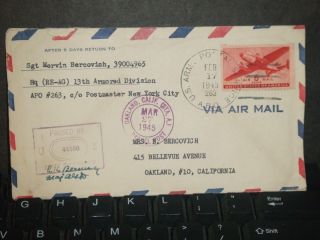 Apo 263 Totes,  France 1945 Wwii Censored Army Cover 13th Armored Div photo