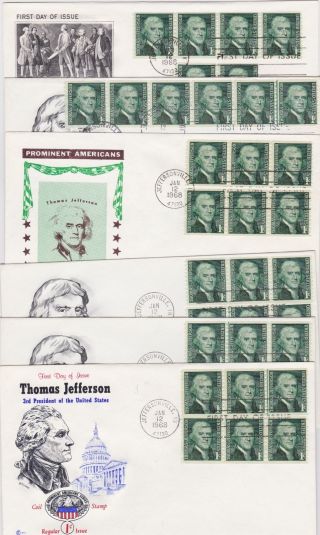 Prominent American,  Six Fdcs Of The 1 Cent Jefferson,  1968,  2 Ln Pr photo