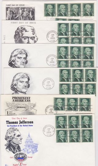Prominent American,  Six Fdcs Of The 1 Cent Jefferson,  1968,  2 Ln Pr,  Ua photo