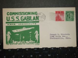 Uss Gabilan Ss - 252 Naval Cover 1943 Spader Wwii Commissioned Cachet Groton,  Ct photo