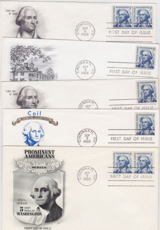 Prominent American,  Five Fdcs Of The 5 Cent Washington Coil,  1966, photo