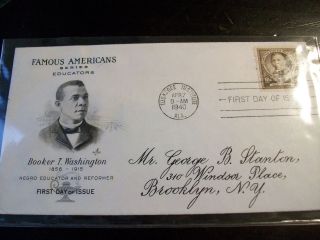 First Day Cover Fdc Booker T.  Washington 1940,  10 Cent Stamp photo