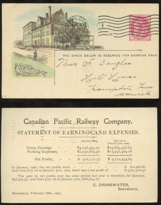 Canada Pacific Railway Qv Stationery Vancouver Hotel 1903 photo