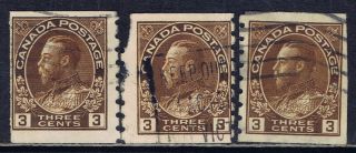 Canada 129 (3) 1918 3 Cent Brown King George V Coil Perf 10 Cv$3.  00 photo