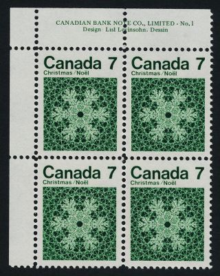 Canada 555 Tl Block Plate 1 Christmas,  Snowflakes photo