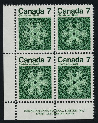 Canada 555 Bl Block Plate 1 Christmas,  Snowflakes photo