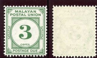 Malaya Postal Union 1952 Kgvi Postage Due 3c Deep Green.  Sg D16.  Sc J22. photo