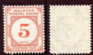 Malaya Postal Union 1951 Kgvi Postage Due 5c Vermilion.  Sg D18.  Sc J24. photo
