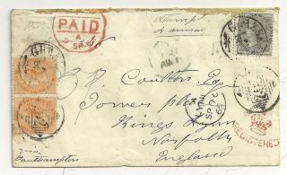 India 8a Crown Registered Cover To Kings Lynn Norfolk - 1865 photo