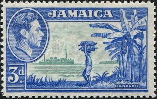 Jamaica 1949 (kgvi) 3d Greenish Blue And Ultramarine Sg126b Cv £4.  50 Mh photo
