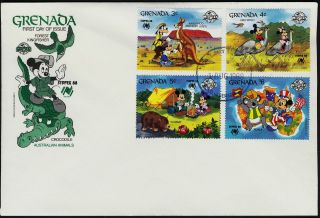 Grenada 1638 - 47 Fdc ' S Disney,  Sydpex,  Animals,  Map,  Kangaroo,  Koala photo