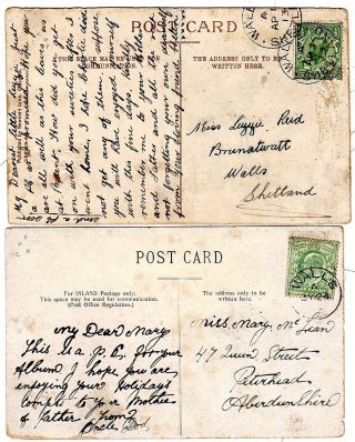 1913 X 2 Diff.  Walls Shetland Postmarks On Ppcs To Walls & Peterhead photo