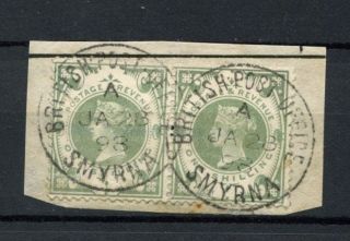 Gb Qv Abroad Smyrna 1887 1s Dull Green Pair On Piece A7873 photo