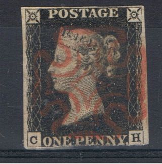 Gb 1840 Queen Victorian Penny Black - 3 Margin Example Red Maltese Cross photo
