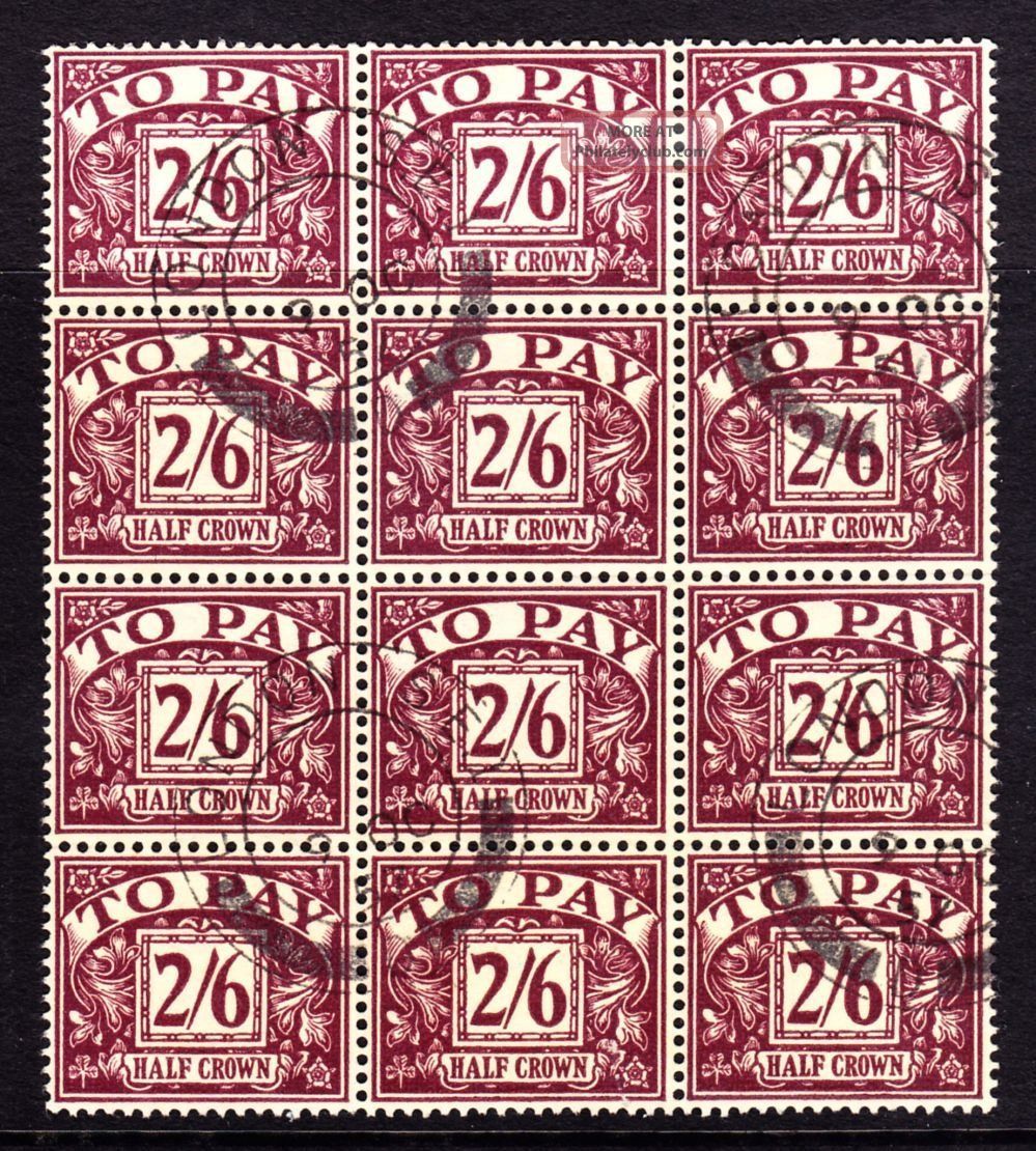 Sg D54 1957 2/6d Purple/yellow Postage Due Cds Block Of 12 Great Britain photo