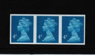 4p Blue 2 Band Strip 3 Stamp Total Imperf Mistake Error Machin Cat£2500 photo