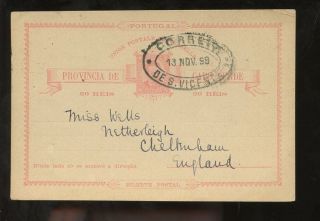 Cape Verde Islands 1899 Stationery Card To Cheltenham Gb. . .  S.  Vicente Oval photo