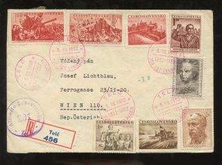 Czechoslovakia 1952 Registered Censor. .  8 Stamp Franking. . .  Telc College Centenary photo