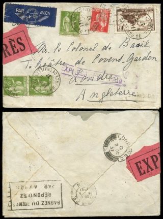 Express Delivery 1937 France To Gb. . .  Large Etiquette + Handstamp Airmail photo