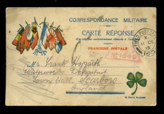 France Military Stationery 1915 Lucky 4 Leaf Clover. . .  Fpo To Scarborough. . .  Flags photo