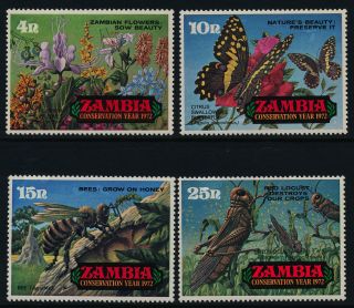 Zambia 86 - 9 Conservation Year,  Bee,  Flower,  Butterfly,  Locust photo