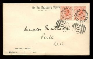 Australia Victoria 1903 Official Envelope Melbourne Senate To Mathison In Perth photo