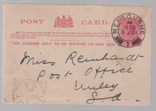 1901 Melbourne Australia Postal Stationery Postcard Cover To Unley photo