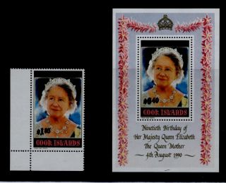 1990 Cook Islands Queen Mothers 90th Birthday Single & Min Sheet U/mint photo