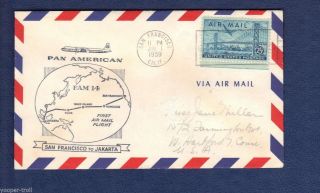 1959 Pan Am First Flight Cover Ffc San Francisco Usa To Jakarta Indonesia Fam 14 photo