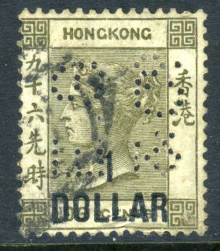 Hong Kong 1885 Queen Victoria $1.  Oo/10¢ Grey Perfin 