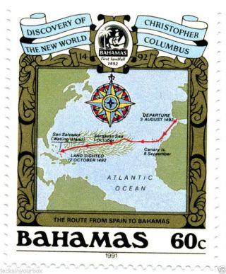 728 Single Bahamas,  Columbus,  Discovery Of The World 1492,  60 Ct Yr 1991 photo
