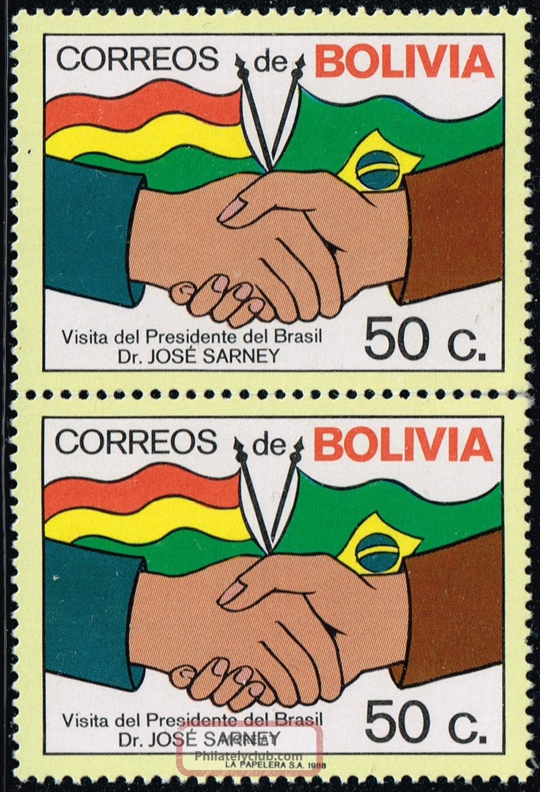 Bolivia 1988 Pair With And Without Imprint Visit Brazil President Sarney Latin America photo