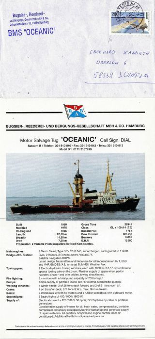 German Salvage Ship Bms Oceanic Naval Cached Cover & Colour Leaflet photo