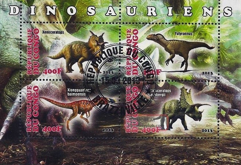 2013 Republic Of Congo Postage Mini - Sheet Dinosaurs Xenoceratops Yutyrannus Cto Animal Kingdom photo