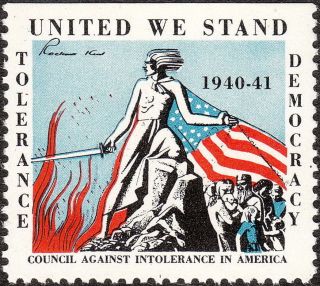 Stamp Label Usa 1940 Wwii Poster Council Against Intolerance Democracy photo