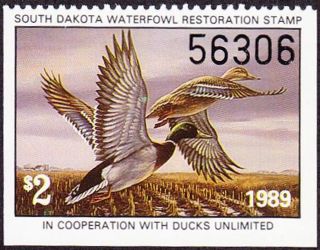 1989 South Dakota Waterfowl Restoration Stamp Never Hinged Vf photo