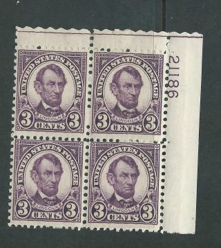 Scott 635 3ct Lincoln Top Selvage Guideline Plate Block Of 4 Lp3 photo