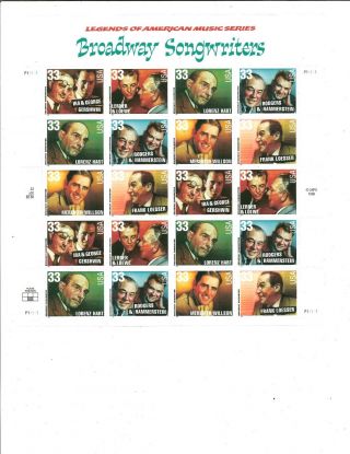 Usps 1998 Broadway Songwriters 20 X 33 Cent U.  S.  Stamp Sheet,  Near photo