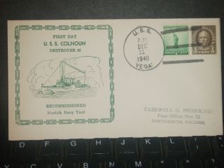 Uss Colhoun Dd - 85 Naval Cover 1940 Recommissioned Cachet Sunk Wwii Uss Vega photo