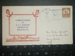 Uss Cushing Dd - 376 Naval Cover 1936 Richel Commissioned Cachet Fdc photo